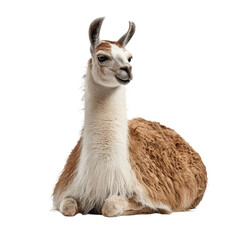 Fototapeta premium A relaxed llama with a fluffy cream and brown coat, resting comfortably on its side, exuding a calm demeanor.
