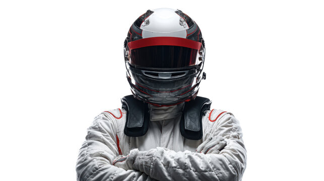 Race car driver in full gear with arms crossed, isolated on white background.