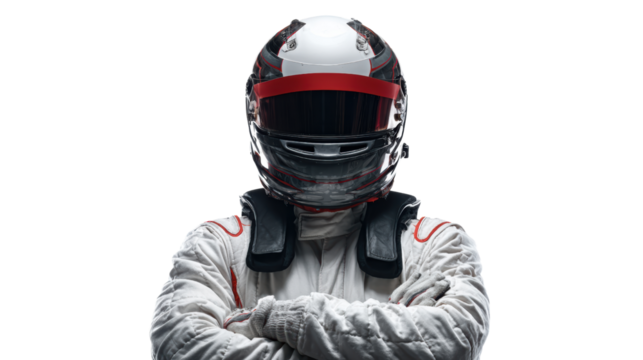 Race car driver in full gear with arms crossed, isolated on white background.