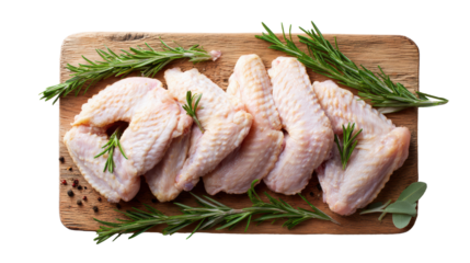 Raw chicken wings garnished with fresh rosemary on a wooden cutting board.