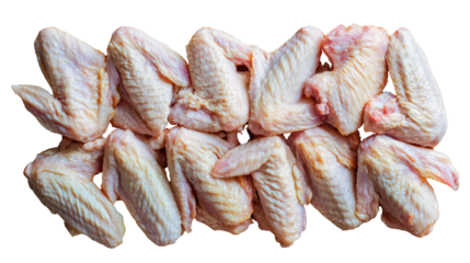 Raw chicken wings, fresh and neatly arranged on a white isolate background.
