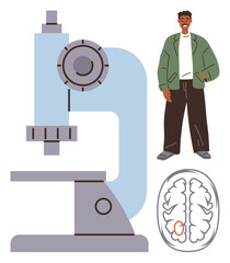 Microscope, brain scan with marked area, and smiling individual in casual attire. Ideal for science, research, neuroscience, education, innovation healthcare biology. Simple flat metaphor