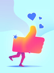 Bold colorful poster. Person holding oversized like icon with joyful body language and floating heart symbols. Concept of social media identity, influencer culture, engagement metric, digital branding