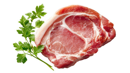 Raw pork chop with fresh cilantro on a white isolate background.