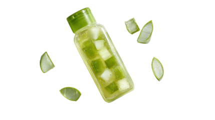 Refreshing green beverage bottle with ice cubes on a white isolated background.
