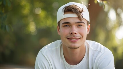 Portrait of a happy young man with light brown hair wearing a white baseball cap backwards on a summer background with free space for text insertio