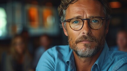 Obraz premium Confident Mature Man with Beard and Eyeglasses in an Indoor Professional Setting