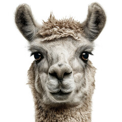 Obraz premium A close-up portrait of a curious alpaca with soft, fluffy fur and expressive eyes against a stark black background.