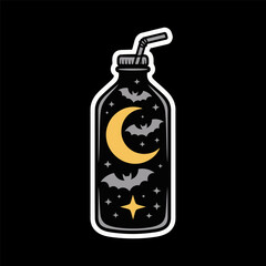 Spooky Halloween Bottle with Moon Bats and Stars Illustration