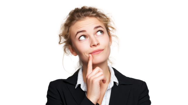 Thoughtful businesswoman pondering an idea with a finger on her chin, isolated on a white background.