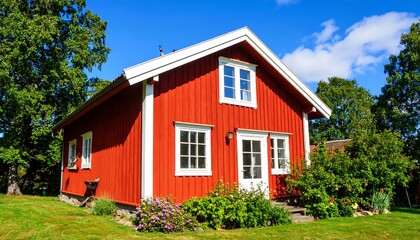 Red cottage with white trim in sunny yard