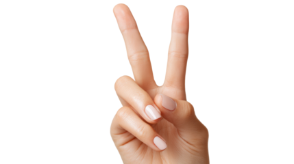 Victory hand gesture with two fingers raised, isolated on white background.