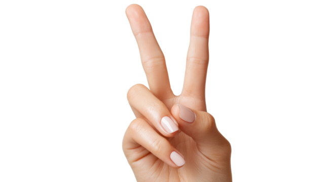 Victory hand gesture with two fingers raised, isolated on white background.