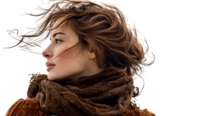 Woman with tousled hair and scarf, profile view, over a white isolated background.