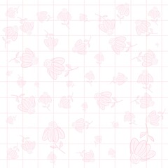 grid pattern,pink tone, flower, butterfly, pastel pink, background, line art, cartoon style, cute, vintage, minimal, soft, textile, nature