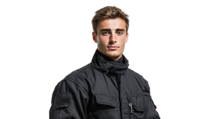 Obraz premium Young man in a black jacket posing confidently with a serious expression.