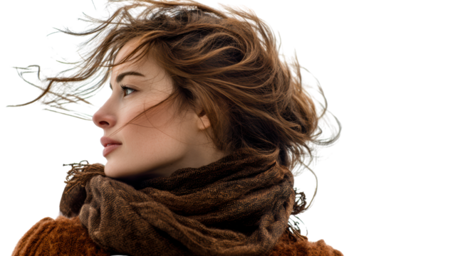 Woman with tousled hair and scarf, profile view, over a white isolated background.
