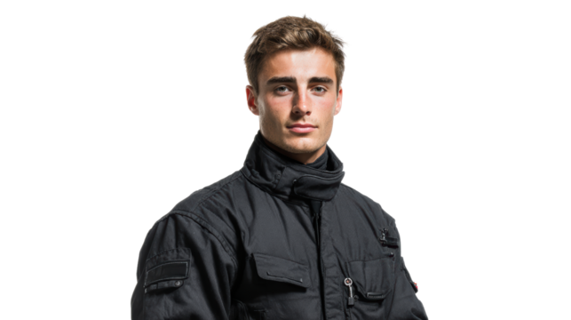 Young man in a black jacket posing confidently with a serious expression.