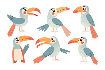 Playful Toucan Illustration: A whimsical illustration of toucans, each displaying unique poses, set against a simple backdrop, bringing a sense of tropical joy and vibrancy.