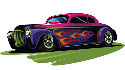 illustration of hot rod with car with flames vector on white background