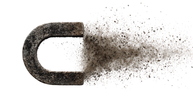 Magnet with particles dispersing isolated, transparent background