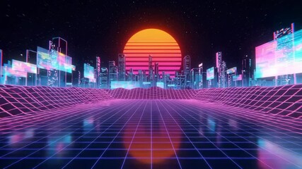 Retro-futuristic cityscape at sunset with glowing neon grids and abstract buildings, digital art - Powered by Adobe