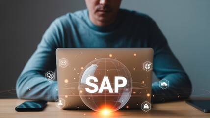 Streamlined Global SAP Operations: A person interacting with a laptop displaying a "SAP" globe surrounded by enterprise resource planning modules, illustrating integrated business management worldwide