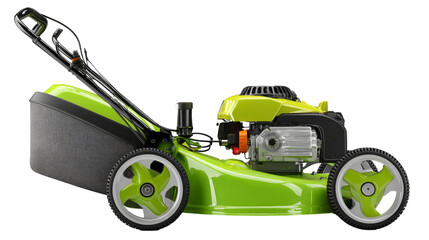 Fototapeta premium Lawn mower green push mower isolated, transparent background