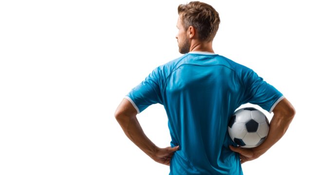Male soccer player blue jersey isolated, transparent background
