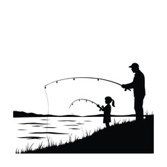 Father and daughter fishing by the lake at sunset vector