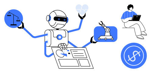 Robot with multiple arms holding justice scale, heart, factory robot, digital tablet, and a dollar icon. Person with laptop nearby. Ideal for technology, AI ethics, innovation balance progress