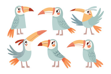 Whimsical Toucans Collection: An adorable illustration set of playful toucans, boasting their vibrant beaks and delightful expressions. Perfect for adding a touch of cheer and nature's wonder.
