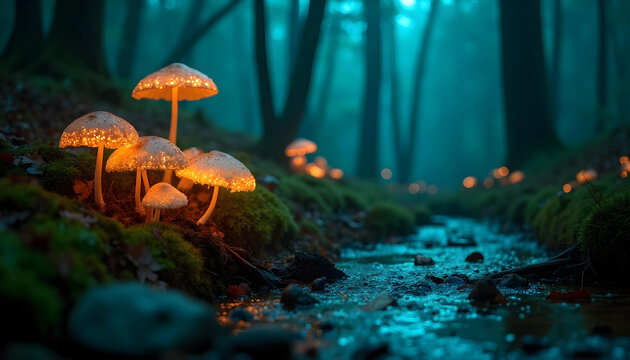 Glowing mushrooms illuminate a mystical forest stream at night - Powered by Adobe