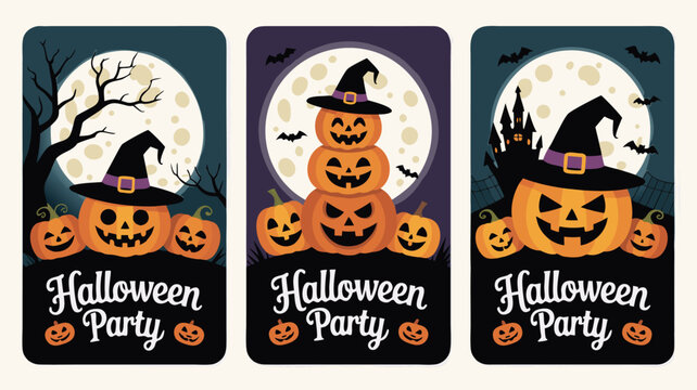 Cartoon Halloween Party Designs Featuring Pumpkins, Witch Hats, Full Moons, and Bats Silhouettes