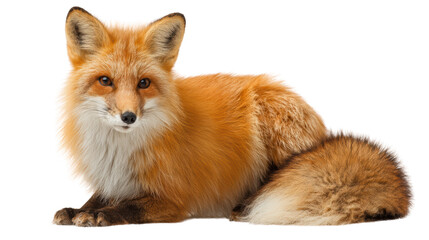 Obraz premium A beautiful red fox lying gracefully on a white isolated background, showcasing its stunning fur and expressive eyes.