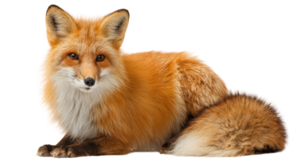 A beautiful red fox lying gracefully on a white isolated background, showcasing its stunning fur and expressive eyes.