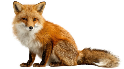 Fototapeta premium A beautiful red fox sitting gracefully with a lush fur coat, white isolate background.