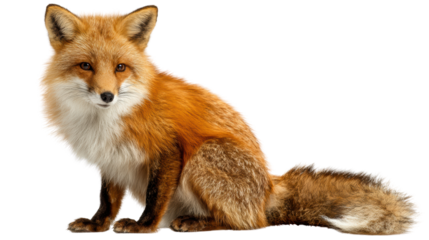 A beautiful red fox sitting gracefully with a lush fur coat, white isolate background.