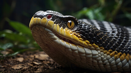 Fototapeta premium King Cobra close-up showing detailed scales and golden eye in natural forest setting. 