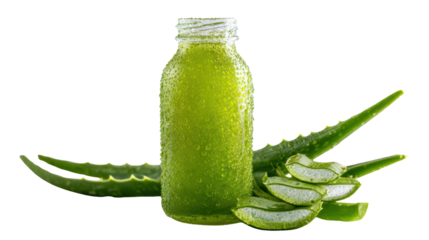 A bottle of green aloe vera juice with fresh aloe leaves on a white isolate background.