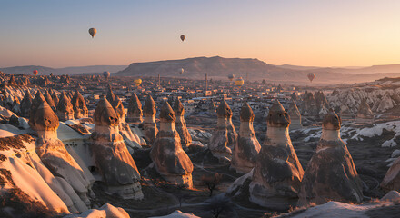 Show the fairy chimneys and rock formations of Cappadocia in Turkey at dawn, with hot air balloons absent and landscape fully natural.

