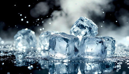 A high-resolution macro photo of melting ice cubes on a reflective glass surface, with water droplets and steam in the background. Strong backlighting enhances the transparency and texture of the ice.