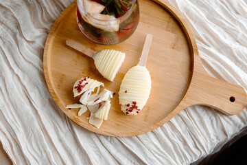 Smooth creamy bar covered in thin white chocolate layer. Balanced indulgence for those who enjoy desserts without the guilt.