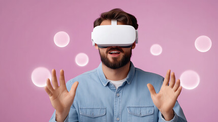 Naklejka premium A man experiences virtual reality, wearing a VR headset and interacting with an immersive digital environment.