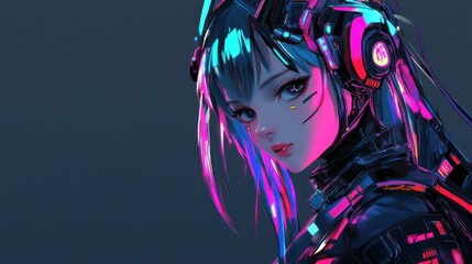 Fototapeta premium Futuristic anime girl with vibrant colors and cybernetic features.