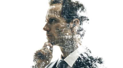 A thoughtful businessman deep in contemplation, showcasing a creative double exposure effect.