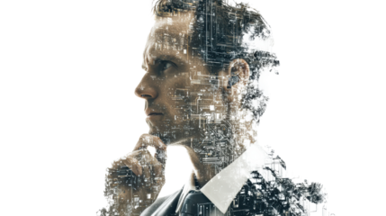 A thoughtful businessman deep in contemplation, showcasing a creative double exposure effect.