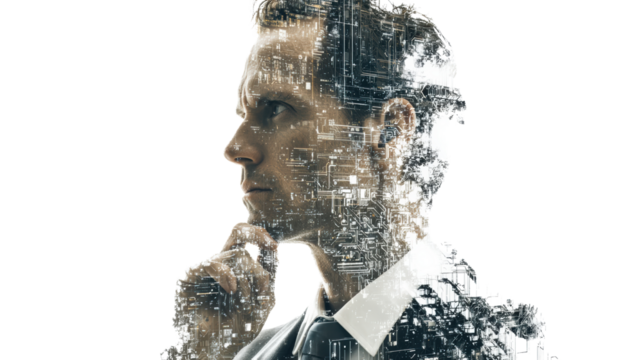 A thoughtful businessman deep in contemplation, showcasing a creative double exposure effect.