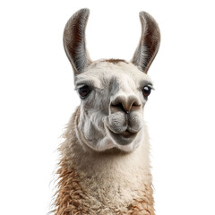 Obraz premium Close-up of a friendly llama with soft fur and expressive eyes, showcasing its charming features in a vibrant lighting.