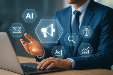 AI digital marketing strategy concept with businessman using laptop and virtual icons for advertising and analytics